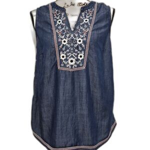 J. Jill Denim Tank Blouse Tunic S Floral Embroidered Sleeveless Chambray V Neck